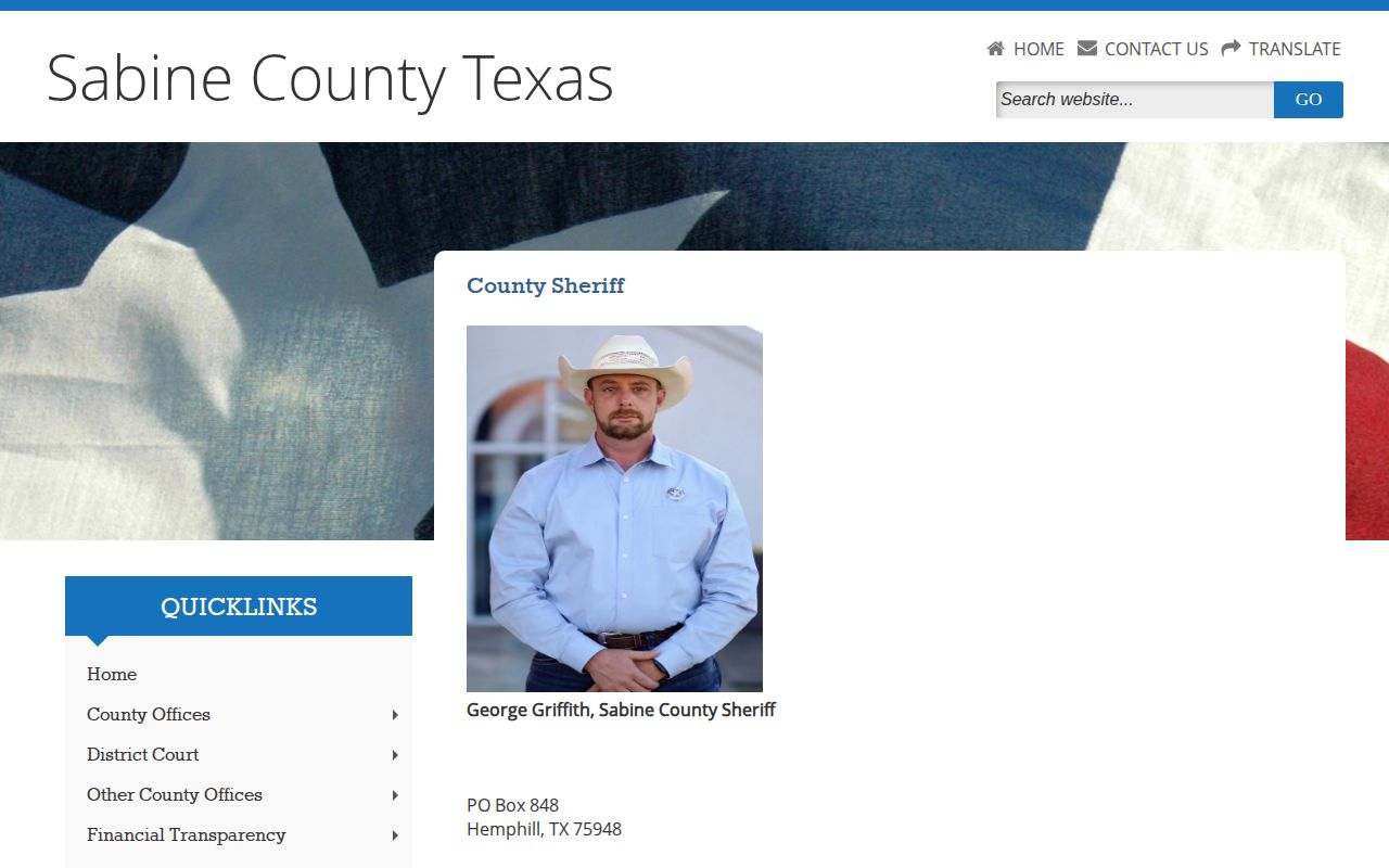 Sabine County Sheriff access page for booking and custody records