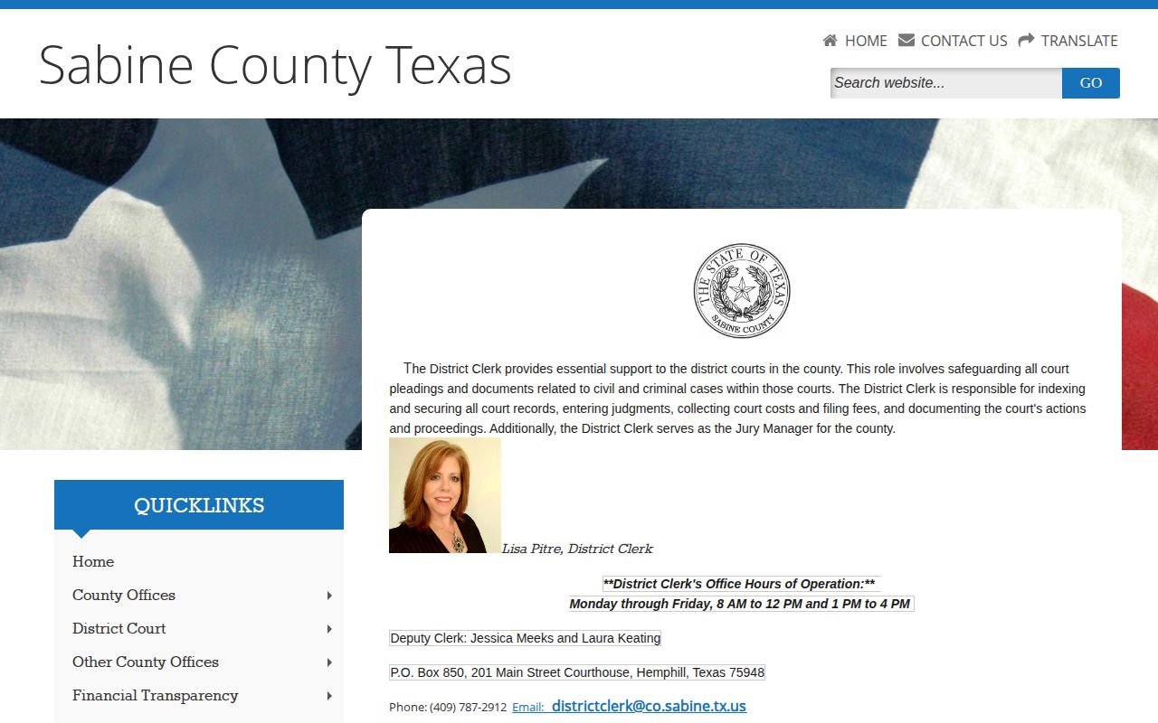 Sabine County District Clerk court-record page for warrant and disposition follow-up
