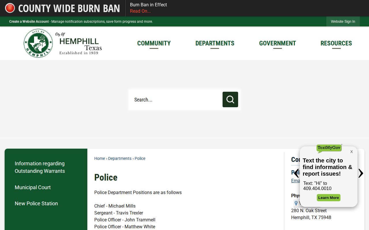 Hemphill Police Department contact page for Sabine County arrest records