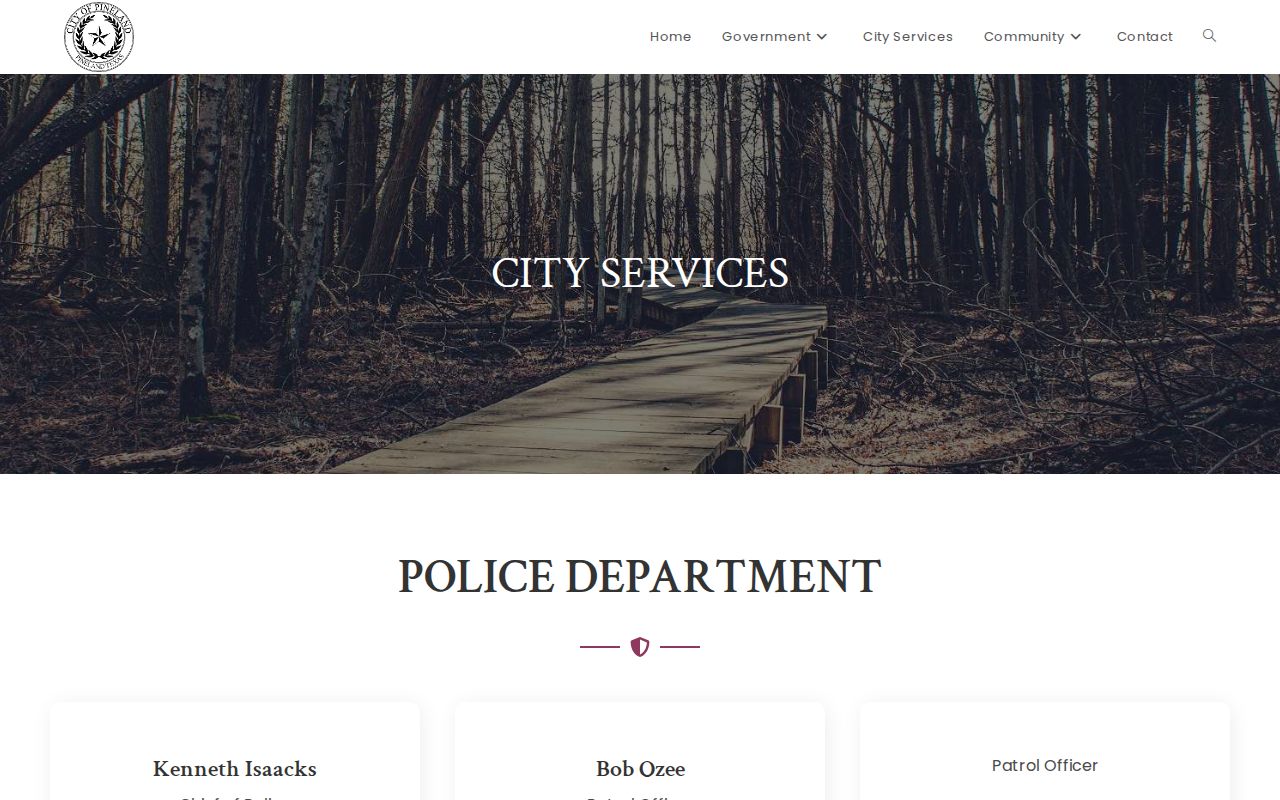 Pineland city services page for Sabine County police and arrest record contacts